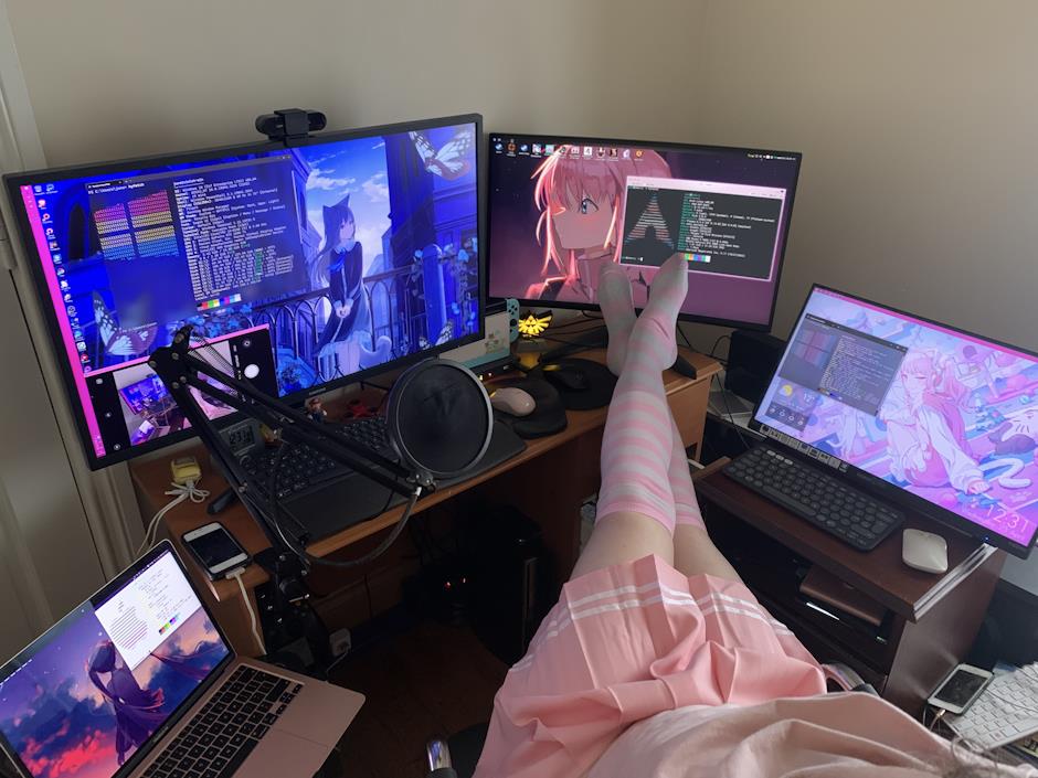 photo of june resting her legs on her desk pc setup, wearing pink striped thigh highs, a pink skirt and pink t-shirt and collar. four computers can be seen. from left to right, a macbook air m1, a desktop pc running windows 10 connected to a 32 inch 4K monitor, a desktop pc running arch linux connected to a 27 inch curved 180hz 1440p monitor, and a gaming laptop running windows 10, connected to a 22 inch touch-screen 1080p monitor.